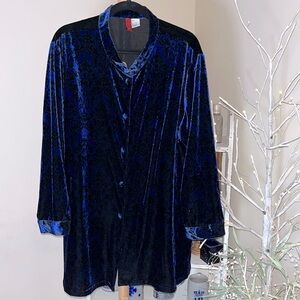 💙Look East XXL Royal blue mandarin collar Asian woman on back in burnout velvet